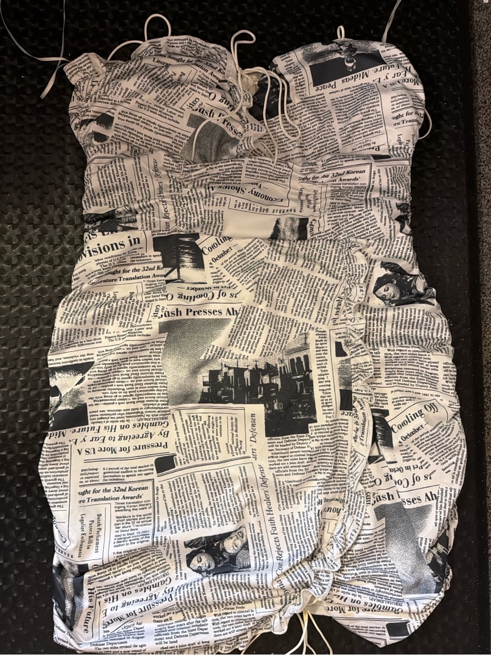 Lioness Newspaper Print Ruched Mini Dress | XL | Y2K Editorial Style